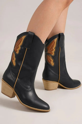 Black Point Toe Boots with Butterfly Cut Design for Women Black