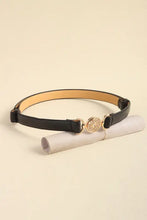 Black PU leather belt with ornate gold buckle decor