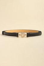 Black PU leather belt with ornate gold buckle decor
