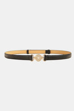 Black PU leather belt with ornate gold buckle decor
