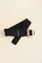 Black PU leather belt with textured stretch and wide alloy buckle