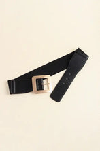 Black PU leather belt with wide gold-toned alloy buckle