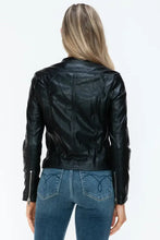 Black PU leather jacket for women with zipper closure
