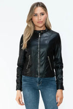 Black PU Leather Jacket for Women with Pockets and Zipper Closure Woman Outerwear