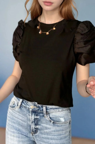Black Puff Sleeve Cotton Blend Blouse Black