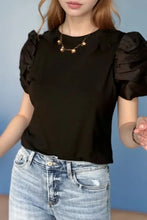 Black Puff Sleeve Cotton Blend Blouse Black Woman T Shirts