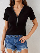 Black Rhinestone Zipper Short Sleeve T Shirt for Women