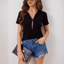 Black Rhinestone Zipper Short Sleeve T Shirt for Women