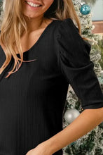 Black Rib Knit Puff Sleeves Top for Women Woman T Shirts