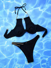 Black Ribbed Bikini with Gold Chain Detail and Underwire Top