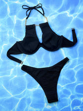 Black Ribbed Bikini with Gold Chain Detail and Underwire Top