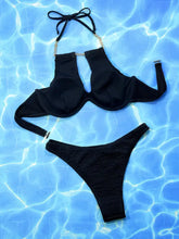 Black Ribbed Bikini with Gold Chain Detail and Underwire Top Swimwear