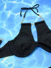 Black Ribbed Bikini with Gold Chain Detail and Underwire Top