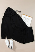 Plus size drawstring dropped shoulder hoodie and shorts set