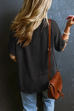 Black ribbed dropped shoulder short sleeve V-neck top with pocket