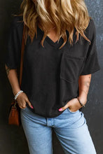 Black ribbed dropped shoulder short sleeve V-neck top with pocket