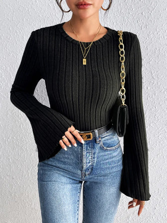 Black Ribbed Knit Bell Sleeve Top Black