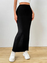 Black Ribbed Knit Maxi Skirt with Side Slit for Women Black