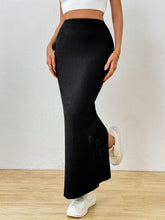 Black Ribbed Knit Maxi Skirt with Side Slit for Women