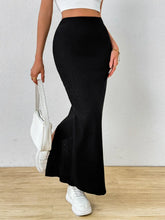 Black Ribbed Knit Maxi Skirt with Side Slit for Women