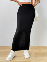 Black Ribbed Knit Maxi Skirt with Side Slit for Women