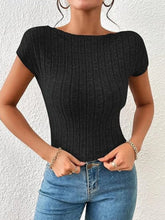 Black Ribbed Knit Short Sleeve Backless Crop Top for Women Black