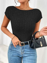 Black Ribbed Knit Short Sleeve Backless Crop Top for Women