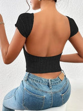 Black Ribbed Knit Short Sleeve Backless Crop Top for Women