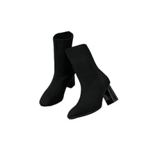 Black Ribbed Knit Sock Boots with Block Heels for Women Black
