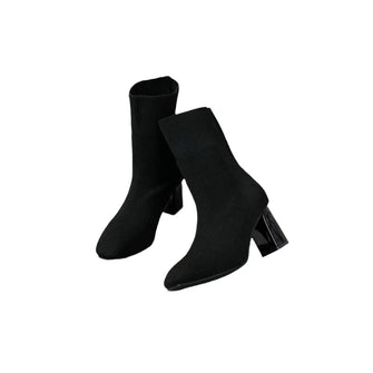 Black Ribbed Knit Sock Boots with Block Heels for Women Black