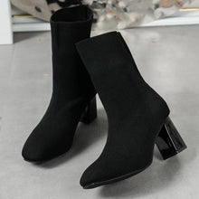 Black Ribbed Knit Sock Boots with Block Heels for Women