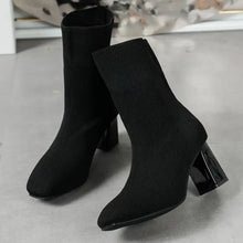 Black Ribbed Knit Sock Boots with Block Heels for Women Woman Boots