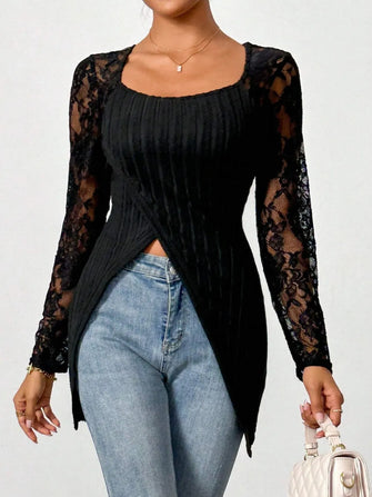 Black Ribbed Knit Top with Lace Sleeves for Women Black