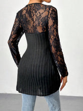 Black Ribbed Knit Top with Lace Sleeves for Women