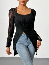 Black Ribbed Knit Top with Lace Sleeves for Women