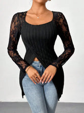 Black Ribbed Knit Top with Lace Sleeves for Women