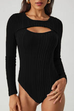 Black Ribbed Long Sleeve Bodysuit with Chest Cutout Black