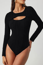 Black Ribbed Long Sleeve Bodysuit with Chest Cutout