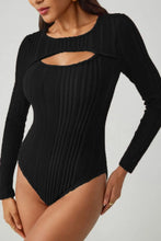 Black Ribbed Long Sleeve Bodysuit with Chest Cutout