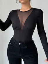 Black Ribbed Long-Sleeve Bodysuit with Mesh and Lace Detail Black