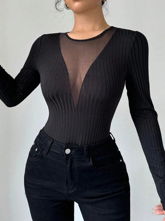 Black Ribbed Long-Sleeve Bodysuit with Mesh and Lace Detail Black