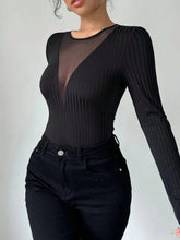 Black Ribbed Long-Sleeve Bodysuit with Mesh and Lace Detail