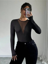Black Ribbed Long-Sleeve Bodysuit with Mesh and Lace Detail
