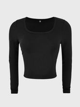 Black Ribbed Long Sleeve Crop Top for Women Black