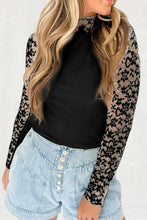 Black Ribbed Long Sleeve Top with Lace Sleeves for Women Black