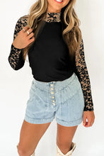 Black Ribbed Long Sleeve Top with Lace Sleeves for Women