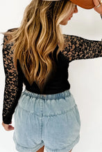 Black Ribbed Long Sleeve Top with Lace Sleeves for Women