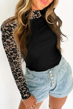 Black Ribbed Long Sleeve Top with Lace Sleeves for Women