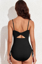 Black Ribbed One Piece Swimsuit with Drawstring Chest and Removable Padding