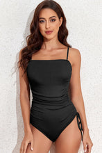 Black Ribbed One Piece Swimsuit with Drawstring Chest and Removable Padding